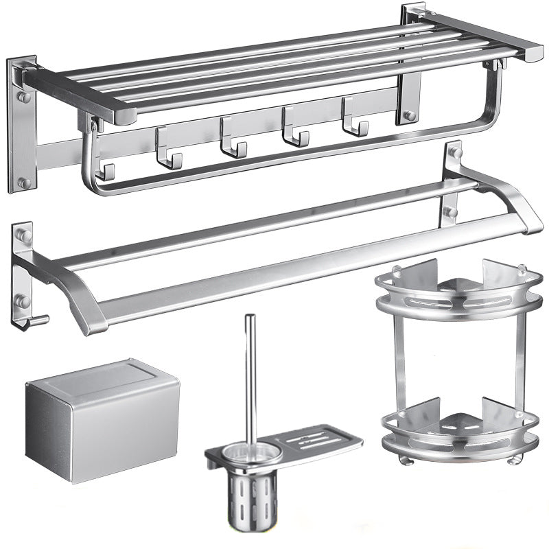 5-Piece Bathroom Accessory Set Alumimun Bath Shelf/Towel Bar Included Bathroom Set Light Silver 5 piece Set Clearhalo 'Bathroom Hardware Sets' 'Bathroom Hardware' 'Bathroom Remodel & Bathroom Fixtures' 'bathroom_hardware_sets' 'Home Improvement' 'home_improvement' 'home_improvement_bathroom_hardware_sets' 6897285