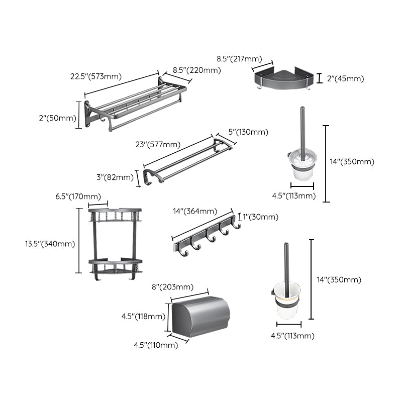 Gray 6/7-Piece Modern Bathroom Accessory Set Bath Shelf/Robe Hooks/Towel Bar Included Clearhalo 'Bathroom Hardware Sets' 'Bathroom Hardware' 'Bathroom Remodel & Bathroom Fixtures' 'bathroom_hardware_sets' 'Home Improvement' 'home_improvement' 'home_improvement_bathroom_hardware_sets' 6897325