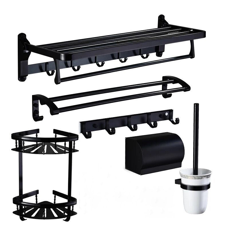 Modern 5/6-Piece Bathroom Accessory Set with Bath Shelf/Robe Hooks/Towel Bar Black 6-Piece Set Clearhalo 'Bathroom Hardware Sets' 'Bathroom Hardware' 'Bathroom Remodel & Bathroom Fixtures' 'bathroom_hardware_sets' 'Home Improvement' 'home_improvement' 'home_improvement_bathroom_hardware_sets' 6897328