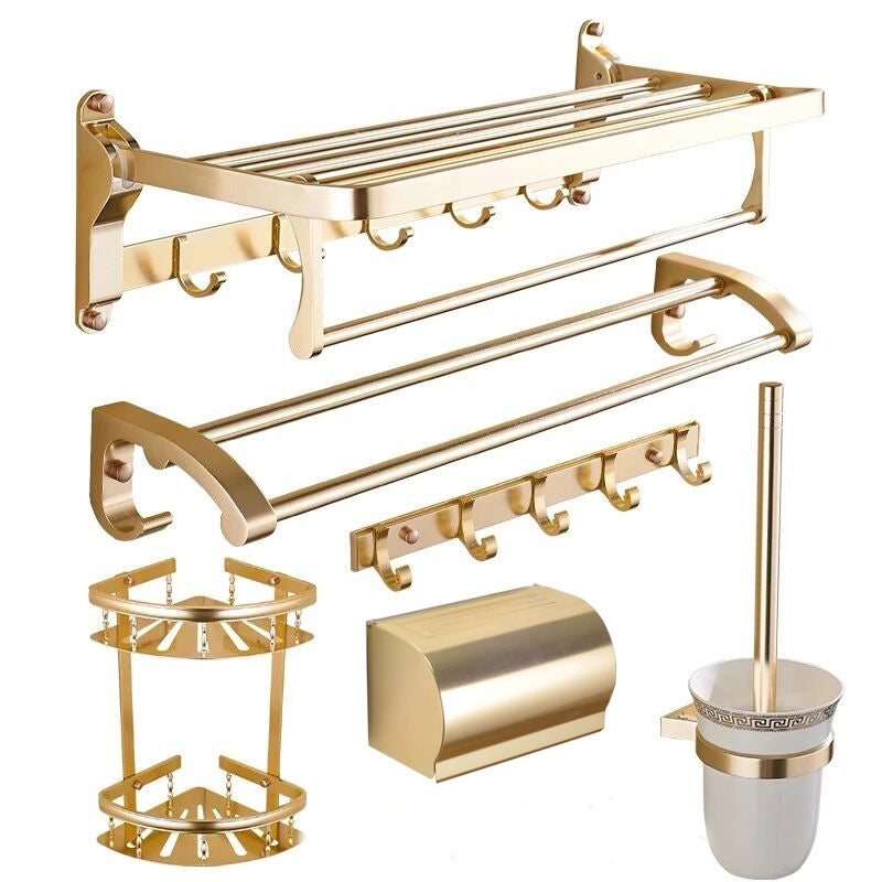 Modern 5/6-Piece Bathroom Accessory Set with Bath Shelf/Robe Hooks/Towel Bar Gold 6-Piece Set Clearhalo 'Bathroom Hardware Sets' 'Bathroom Hardware' 'Bathroom Remodel & Bathroom Fixtures' 'bathroom_hardware_sets' 'Home Improvement' 'home_improvement' 'home_improvement_bathroom_hardware_sets' 6897333