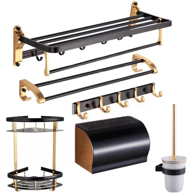 Modern 5/6-Piece Bathroom Accessory Set with Bath Shelf/Robe Hooks/Towel Bar Black/ Gold 6-Piece Set Clearhalo 'Bathroom Hardware Sets' 'Bathroom Hardware' 'Bathroom Remodel & Bathroom Fixtures' 'bathroom_hardware_sets' 'Home Improvement' 'home_improvement' 'home_improvement_bathroom_hardware_sets' 6897334