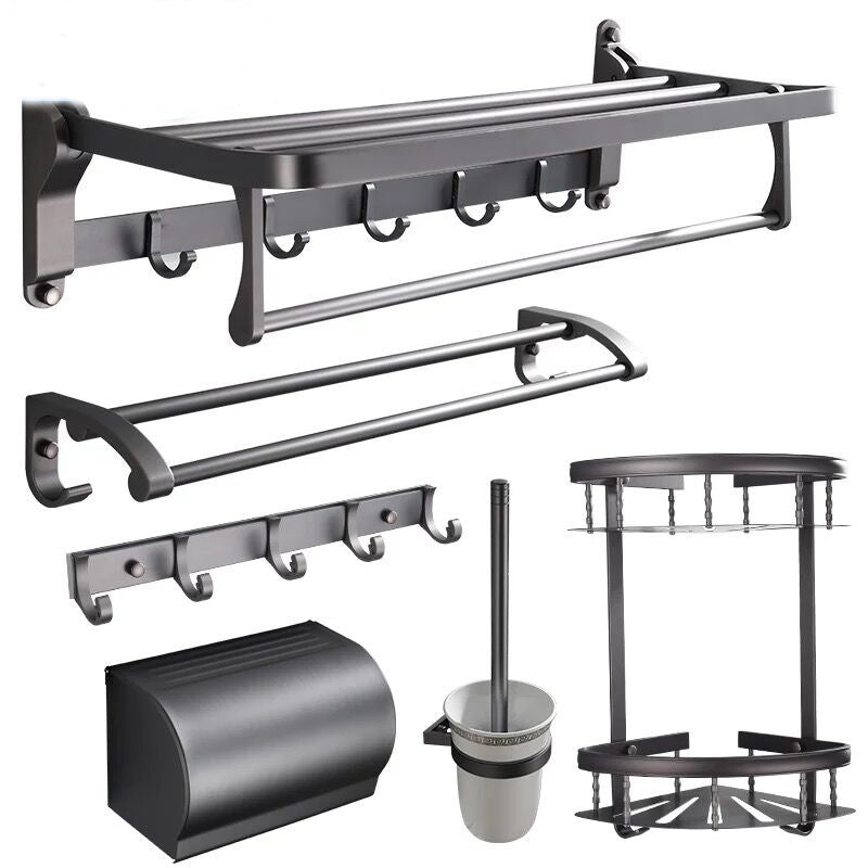 Modern 5/6-Piece Bathroom Accessory Set with Bath Shelf/Robe Hooks/Towel Bar Clearhalo 'Bathroom Hardware Sets' 'Bathroom Hardware' 'Bathroom Remodel & Bathroom Fixtures' 'bathroom_hardware_sets' 'Home Improvement' 'home_improvement' 'home_improvement_bathroom_hardware_sets' 6897335