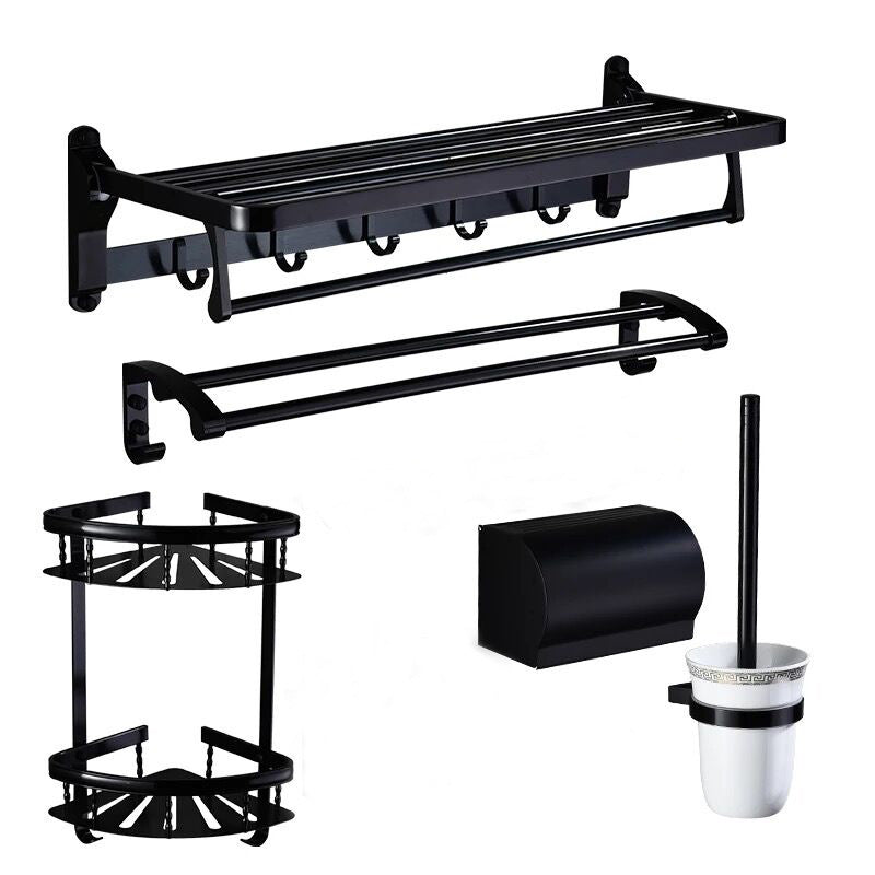 Modern 5/6-Piece Bathroom Accessory Set with Bath Shelf/Robe Hooks/Towel Bar Black 5 piece Set Clearhalo 'Bathroom Hardware Sets' 'Bathroom Hardware' 'Bathroom Remodel & Bathroom Fixtures' 'bathroom_hardware_sets' 'Home Improvement' 'home_improvement' 'home_improvement_bathroom_hardware_sets' 6897339