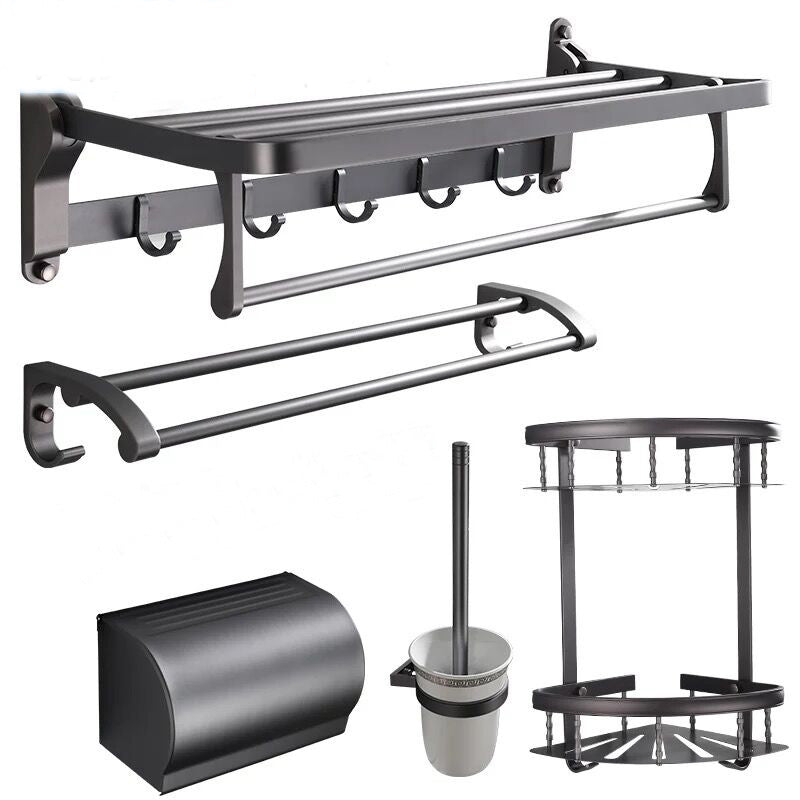 Modern 5/6-Piece Bathroom Accessory Set with Bath Shelf/Robe Hooks/Towel Bar Grey 5 piece Set Clearhalo 'Bathroom Hardware Sets' 'Bathroom Hardware' 'Bathroom Remodel & Bathroom Fixtures' 'bathroom_hardware_sets' 'Home Improvement' 'home_improvement' 'home_improvement_bathroom_hardware_sets' 6897340