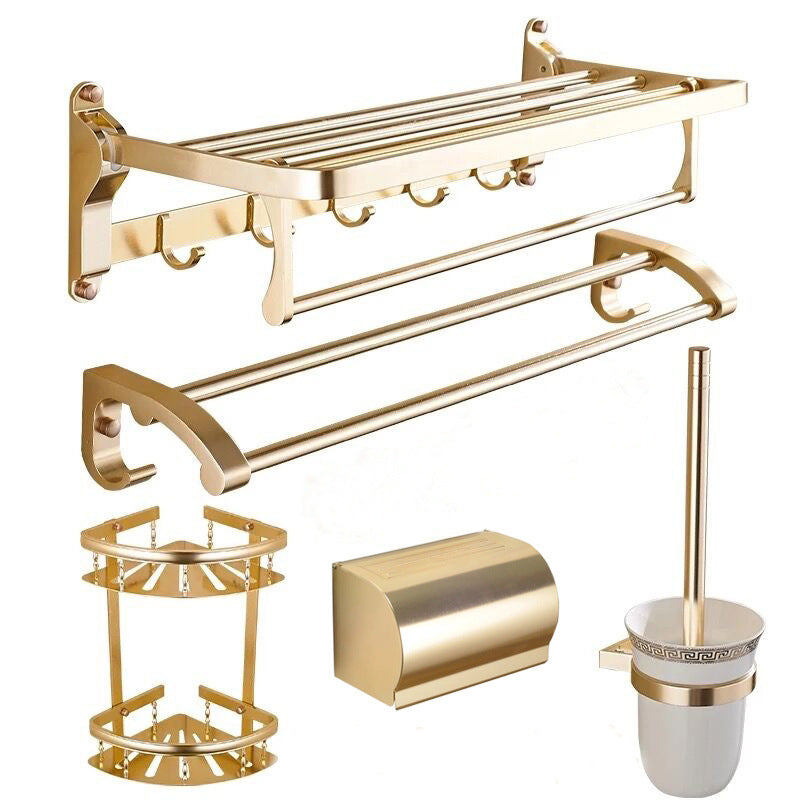 Modern 5/6-Piece Bathroom Accessory Set with Bath Shelf/Robe Hooks/Towel Bar Gold 5 piece Set Clearhalo 'Bathroom Hardware Sets' 'Bathroom Hardware' 'Bathroom Remodel & Bathroom Fixtures' 'bathroom_hardware_sets' 'Home Improvement' 'home_improvement' 'home_improvement_bathroom_hardware_sets' 6897342