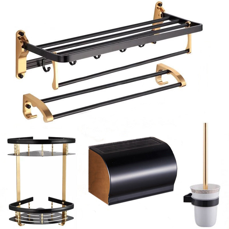 Modern 5/6-Piece Bathroom Accessory Set with Bath Shelf/Robe Hooks/Towel Bar Black/ Gold 5 piece Set Clearhalo 'Bathroom Hardware Sets' 'Bathroom Hardware' 'Bathroom Remodel & Bathroom Fixtures' 'bathroom_hardware_sets' 'Home Improvement' 'home_improvement' 'home_improvement_bathroom_hardware_sets' 6897344