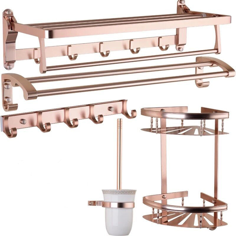 Modern 5/6-Piece Bathroom Accessory Set with Bath Shelf/Robe Hooks/Towel Bar Rose Gold 5 piece Set Clearhalo 'Bathroom Hardware Sets' 'Bathroom Hardware' 'Bathroom Remodel & Bathroom Fixtures' 'bathroom_hardware_sets' 'Home Improvement' 'home_improvement' 'home_improvement_bathroom_hardware_sets' 6897346