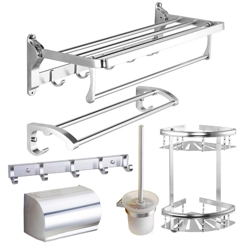 Modern 5/6-Piece Bathroom Accessory Set with Bath Shelf/Robe Hooks/Towel Bar Chrome 5 piece Set Clearhalo 'Bathroom Hardware Sets' 'Bathroom Hardware' 'Bathroom Remodel & Bathroom Fixtures' 'bathroom_hardware_sets' 'Home Improvement' 'home_improvement' 'home_improvement_bathroom_hardware_sets' 6897348