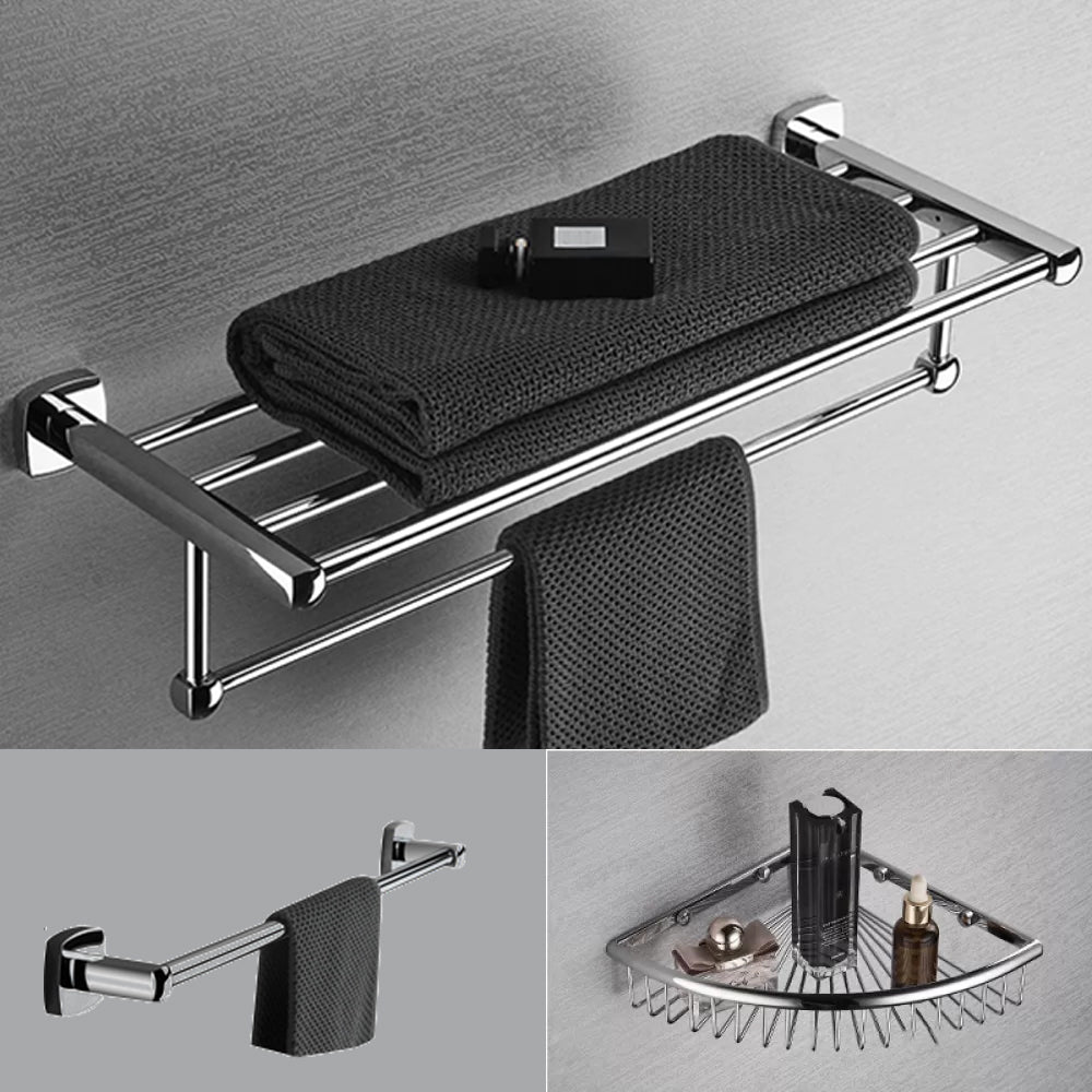 Chrome Brass Modernism Bathroom Accessory as Individual or as a Set Towel Rack with Bath Shelf (Triangular) and Towel Bar Clearhalo 'Bathroom Hardware Sets' 'Bathroom Hardware' 'Bathroom Remodel & Bathroom Fixtures' 'bathroom_hardware_sets' 'Home Improvement' 'home_improvement' 'home_improvement_bathroom_hardware_sets' 6897817