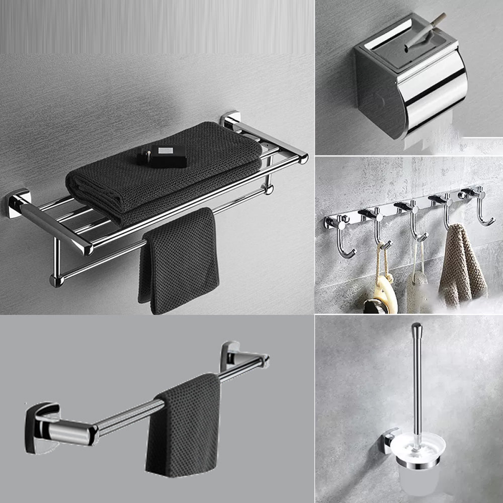 Chrome Brass Modernism Bathroom Accessory as Individual or as a Set 5-Piece Set (Row Hook) Clearhalo 'Bathroom Hardware Sets' 'Bathroom Hardware' 'Bathroom Remodel & Bathroom Fixtures' 'bathroom_hardware_sets' 'Home Improvement' 'home_improvement' 'home_improvement_bathroom_hardware_sets' 6897821