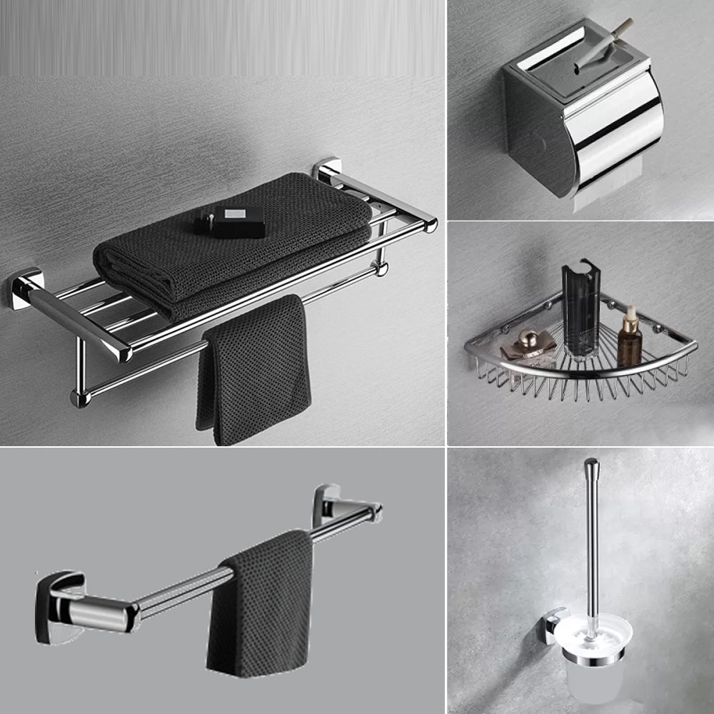 Chrome Brass Modernism Bathroom Accessory as Individual or as a Set 5-Piece Set (Triangle Bath Shelf) Clearhalo 'Bathroom Hardware Sets' 'Bathroom Hardware' 'Bathroom Remodel & Bathroom Fixtures' 'bathroom_hardware_sets' 'Home Improvement' 'home_improvement' 'home_improvement_bathroom_hardware_sets' 6897823