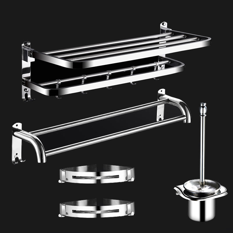 Classic Polished Chrome Bathroom Accessory Set Towel Bar/Paper Holder/Robe Hook Included Horizontal Bar With Hook 5 Piece Set (Towel Holder) Clearhalo 'Bathroom Hardware Sets' 'Bathroom Hardware' 'Bathroom Remodel & Bathroom Fixtures' 'bathroom_hardware_sets' 'Home Improvement' 'home_improvement' 'home_improvement_bathroom_hardware_sets' 6908094