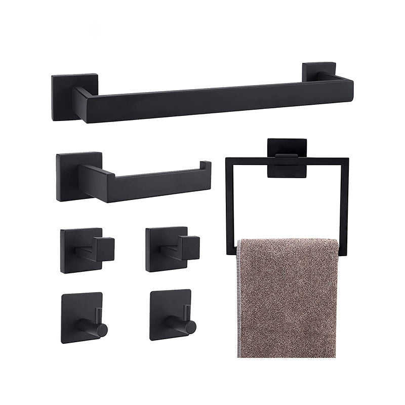 7-Piece Bath Hardware Set in Stainless Steel with Paper Holder/Robe Hooks/Towel Ring Bar Black 7-Piece Set (Towel Ring) Clearhalo 'Bathroom Hardware Sets' 'Bathroom Hardware' 'Bathroom Remodel & Bathroom Fixtures' 'bathroom_hardware_sets' 'Home Improvement' 'home_improvement' 'home_improvement_bathroom_hardware_sets' 6908107