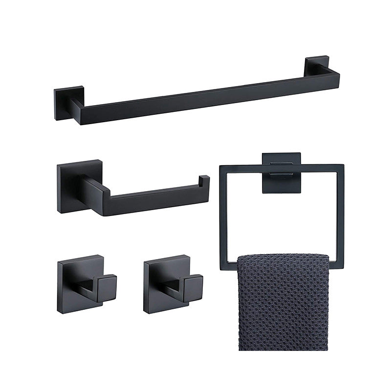 7-Piece Bath Hardware Set in Stainless Steel with Paper Holder/Robe Hooks/Towel Ring Bar Black 5-Piece Set (Towel Ring) Clearhalo 'Bathroom Hardware Sets' 'Bathroom Hardware' 'Bathroom Remodel & Bathroom Fixtures' 'bathroom_hardware_sets' 'Home Improvement' 'home_improvement' 'home_improvement_bathroom_hardware_sets' 6908109