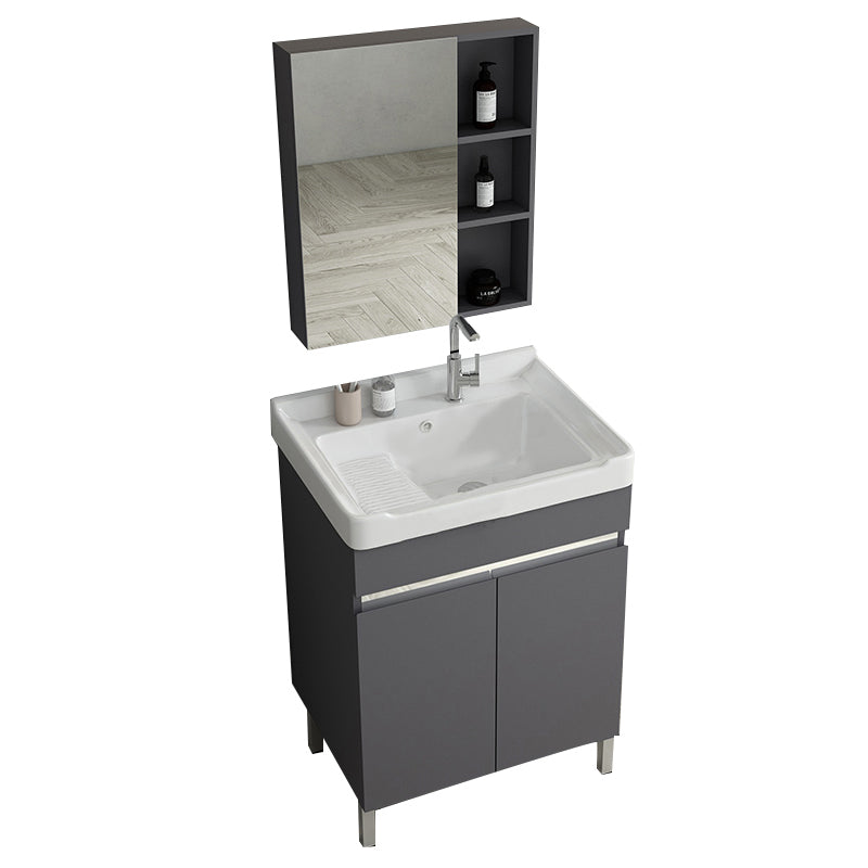 Gray Metal Vanity Sink Modern Free-standing Standard Space Saver Vanity Vanity & Faucet & Mirror Cabinet 24"L x 18.9"W x 32.7"H Washboard Included Clearhalo 'Bathroom Remodel & Bathroom Fixtures' 'Bathroom Vanities' 'bathroom_vanities' 'Home Improvement' 'home_improvement' 'home_improvement_bathroom_vanities' 6914295