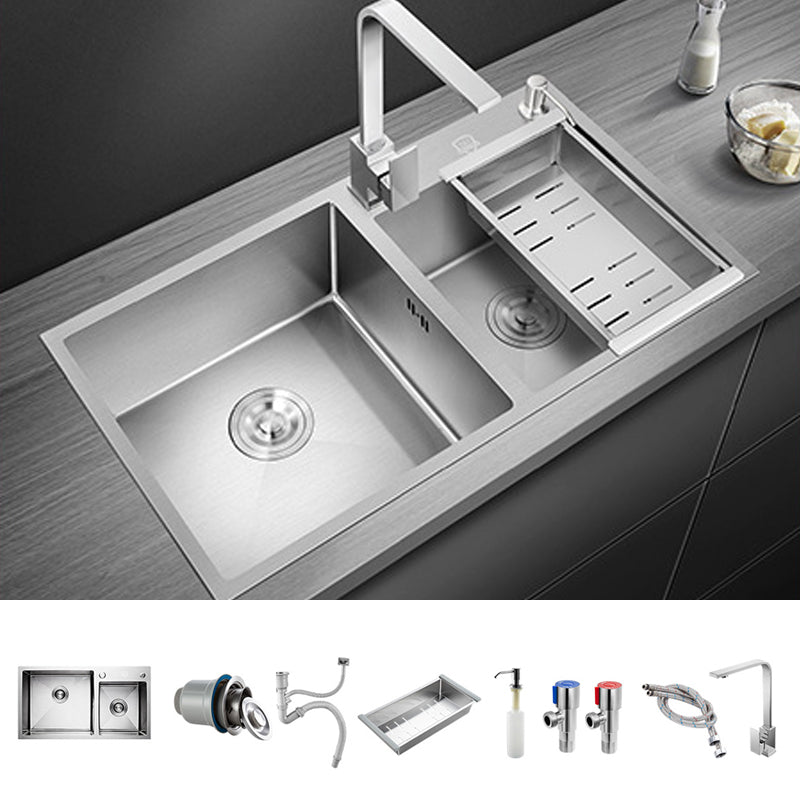 Stainless Steel Kitchen Sink Double Bowl Kitchen Sink with Rectangular Shape Sink with Faucet Square Faucet Clearhalo 'Home Improvement' 'home_improvement' 'home_improvement_kitchen_sinks' 'Kitchen Remodel & Kitchen Fixtures' 'Kitchen Sinks & Faucet Components' 'Kitchen Sinks' 'kitchen_sinks' 6914411