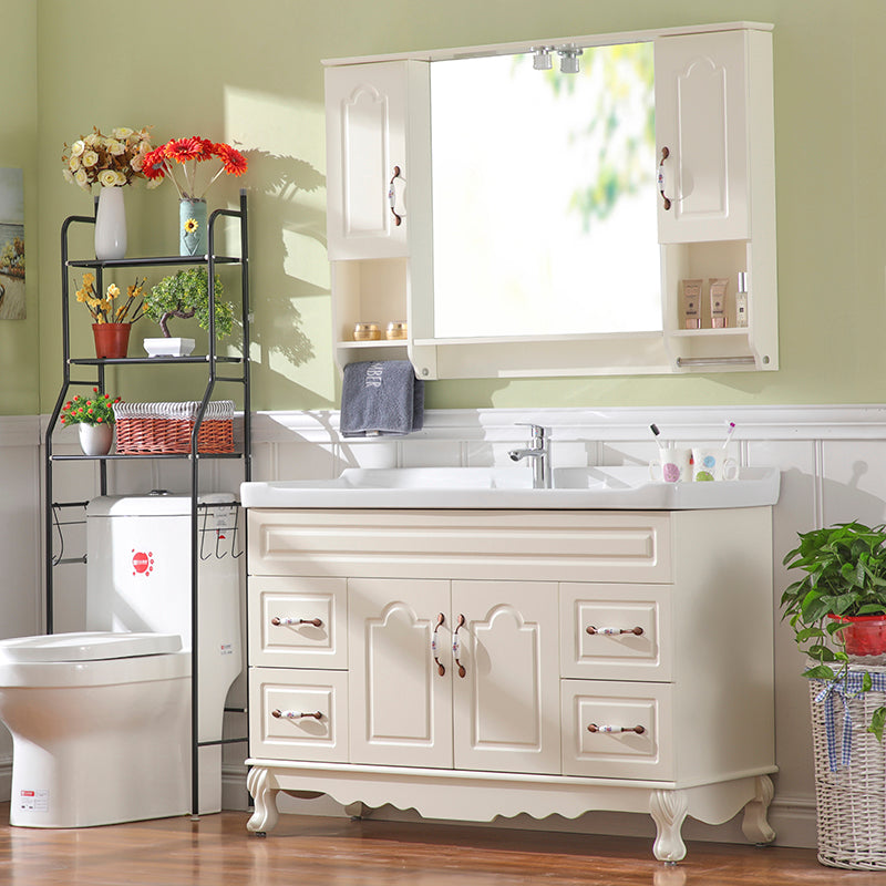 Freestanding Bathroom Vanity Single Sink White Mirror 2 Doors Vanity with Drawers Clearhalo 'Bathroom Remodel & Bathroom Fixtures' 'Bathroom Vanities' 'bathroom_vanities' 'Home Improvement' 'home_improvement' 'home_improvement_bathroom_vanities' 6914851