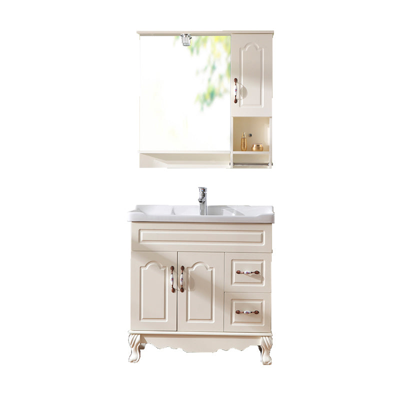 Freestanding Bathroom Vanity Single Sink White Mirror 2 Doors Vanity with Drawers Vanity & Faucet & Mirror Cabinet 32"L x 19"W x 31"H Clearhalo 'Bathroom Remodel & Bathroom Fixtures' 'Bathroom Vanities' 'bathroom_vanities' 'Home Improvement' 'home_improvement' 'home_improvement_bathroom_vanities' 6914852