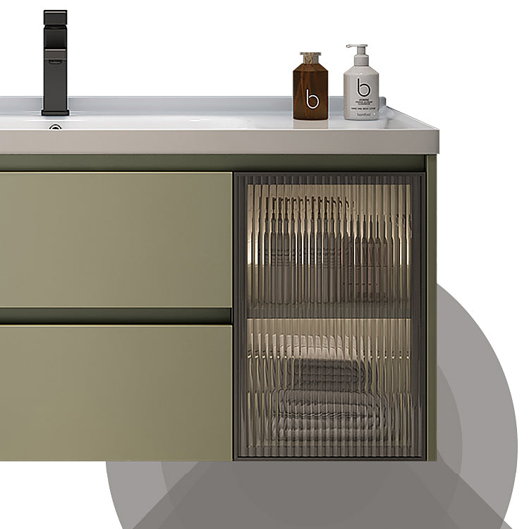 Waterproof Vanity Green Wood Frame Single Sink Drawers Mirror Wall-Mounted Vanity Clearhalo 'Bathroom Remodel & Bathroom Fixtures' 'Bathroom Vanities' 'bathroom_vanities' 'Home Improvement' 'home_improvement' 'home_improvement_bathroom_vanities' 6914901