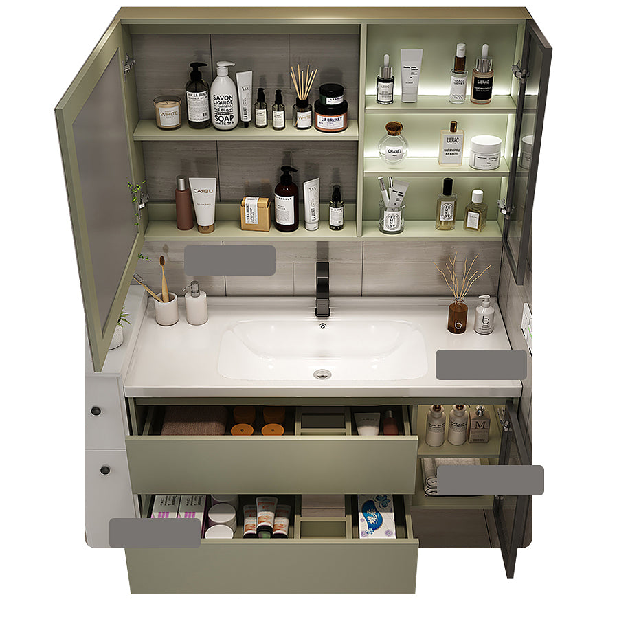 Waterproof Vanity Green Wood Frame Single Sink Drawers Mirror Wall-Mounted Vanity Clearhalo 'Bathroom Remodel & Bathroom Fixtures' 'Bathroom Vanities' 'bathroom_vanities' 'Home Improvement' 'home_improvement' 'home_improvement_bathroom_vanities' 6914902