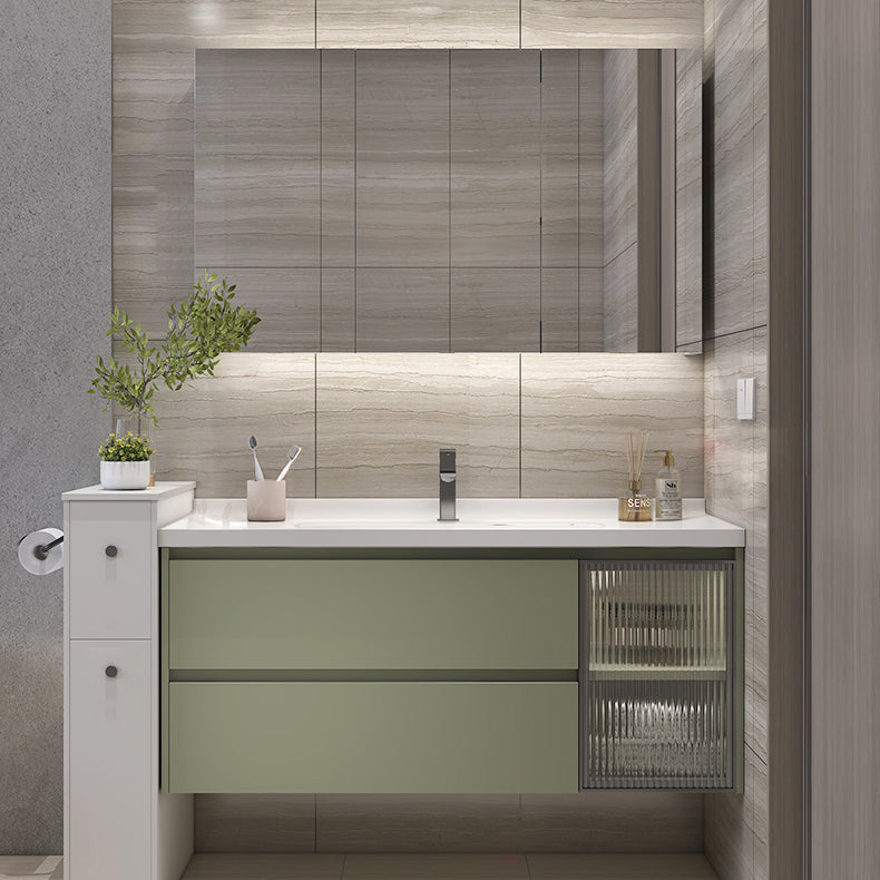 Waterproof Vanity Green Wood Frame Single Sink Drawers Mirror Wall-Mounted Vanity Vanity & Faucet & Mirror Cabinet Clearhalo 'Bathroom Remodel & Bathroom Fixtures' 'Bathroom Vanities' 'bathroom_vanities' 'Home Improvement' 'home_improvement' 'home_improvement_bathroom_vanities' 6914908