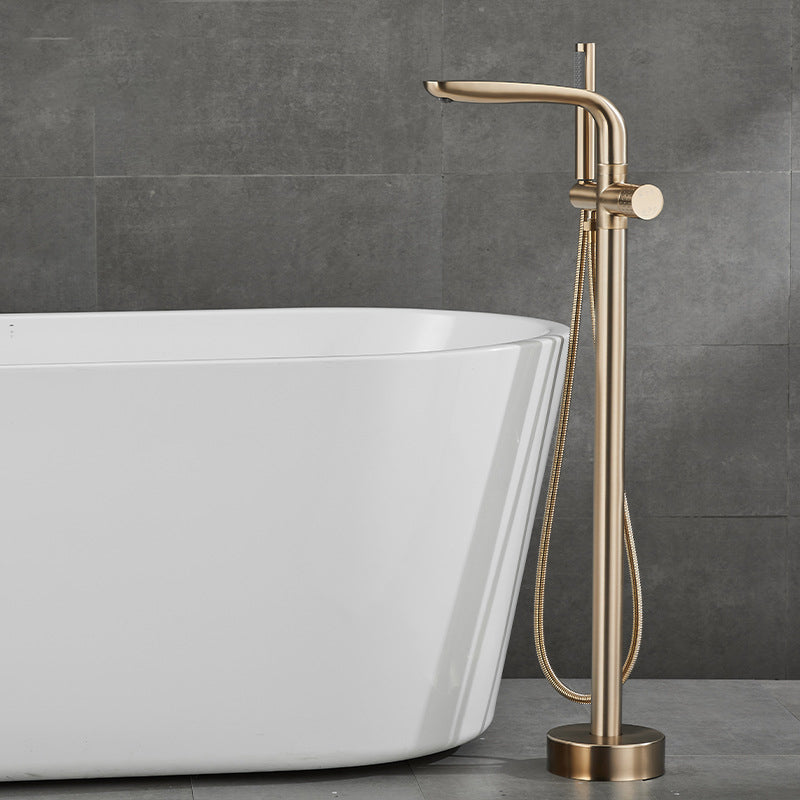 Floor Mounted Metal Freestanding Tub Filler Hand Shower Freestanding Faucet Gold Flat Clearhalo 'Bathroom Remodel & Bathroom Fixtures' 'Bathtub Faucets' 'bathtub_faucets' 'Home Improvement' 'home_improvement' 'home_improvement_bathtub_faucets' 6914962