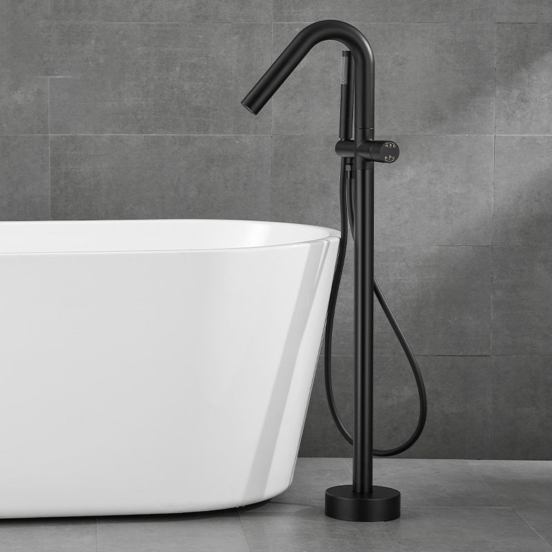 Floor Mounted Metal Freestanding Tub Filler Hand Shower Freestanding Faucet Black Curved Clearhalo 'Bathroom Remodel & Bathroom Fixtures' 'Bathtub Faucets' 'bathtub_faucets' 'Home Improvement' 'home_improvement' 'home_improvement_bathtub_faucets' 6914969