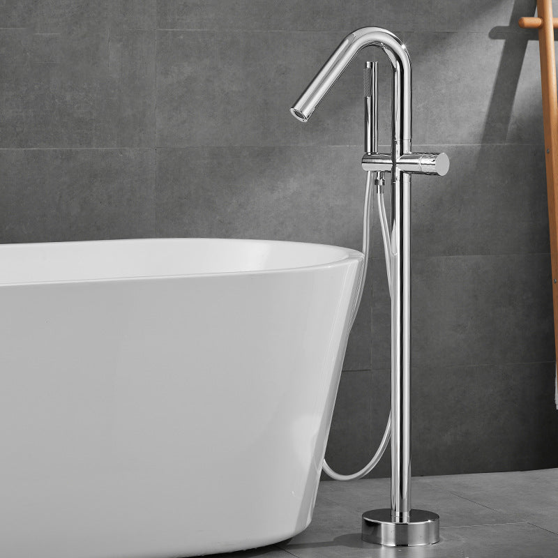 Floor Mounted Metal Freestanding Tub Filler Hand Shower Freestanding Faucet Nickel Curved Clearhalo 'Bathroom Remodel & Bathroom Fixtures' 'Bathtub Faucets' 'bathtub_faucets' 'Home Improvement' 'home_improvement' 'home_improvement_bathtub_faucets' 6914972