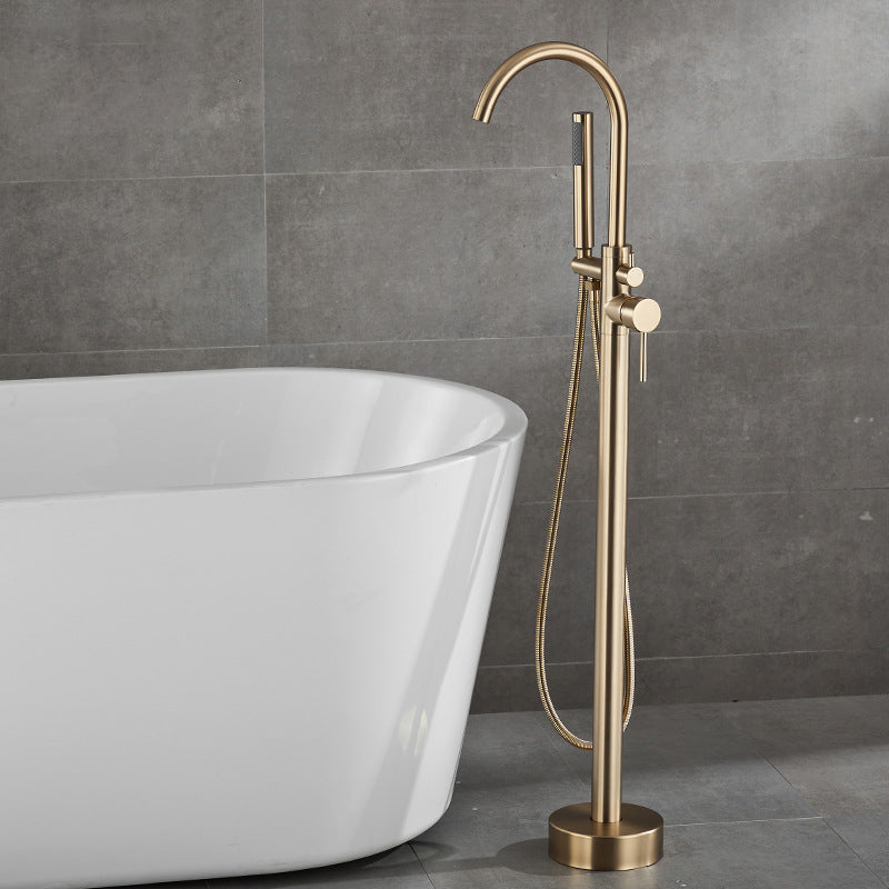 Floor Mounted Metal Freestanding Tub Filler Hand Shower Freestanding Faucet Gold Gooseneck Clearhalo 'Bathroom Remodel & Bathroom Fixtures' 'Bathtub Faucets' 'bathtub_faucets' 'Home Improvement' 'home_improvement' 'home_improvement_bathtub_faucets' 6914980