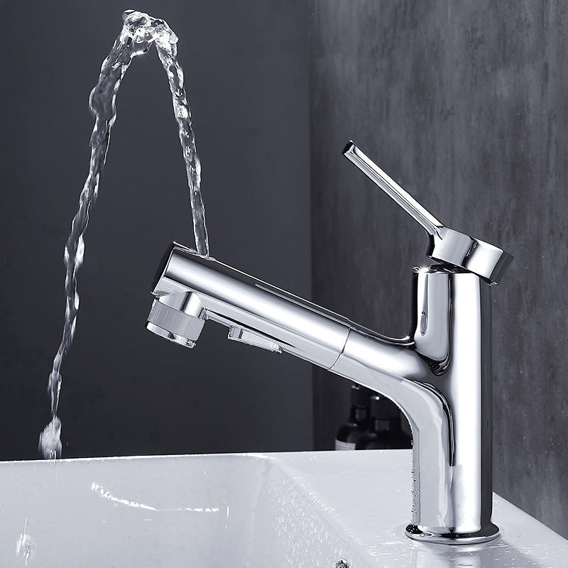 Contemporary Sink Faucet Pull-out Vessel Sink Faucet with Lever Handle Silver Clearhalo 'Bathroom Remodel & Bathroom Fixtures' 'Bathroom Sink Faucets' 'Bathroom Sinks & Faucet Components' 'bathroom_sink_faucets' 'Home Improvement' 'home_improvement' 'home_improvement_bathroom_sink_faucets' 6926479