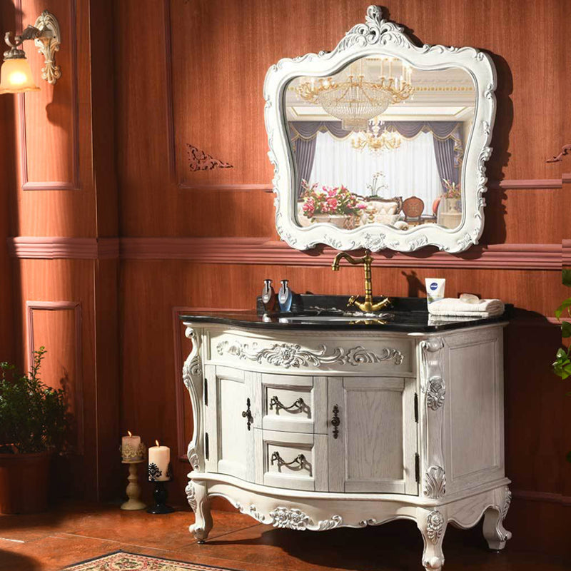 Drawers Vanity Set Wood Frame Oval Single Sink Mirror Freestanding Vanity with 2 Doors Vanity & Faucet & Mirrors White Clearhalo 'Bathroom Remodel & Bathroom Fixtures' 'Bathroom Vanities' 'bathroom_vanities' 'Home Improvement' 'home_improvement' 'home_improvement_bathroom_vanities' 6926947