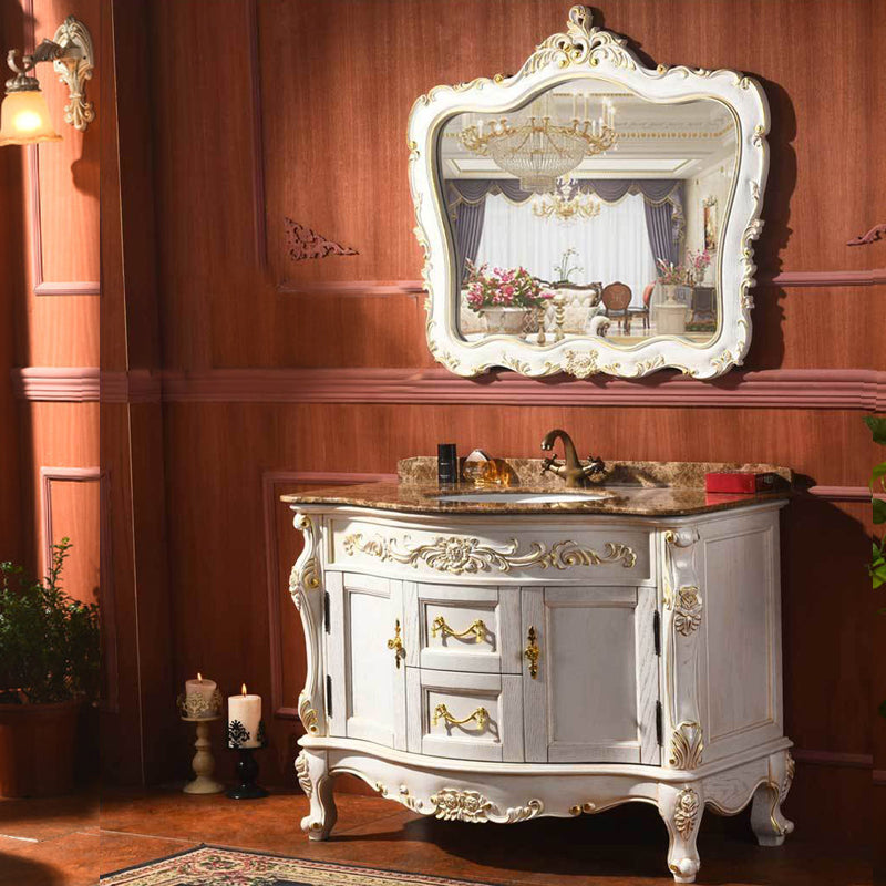 Drawers Vanity Set Wood Frame Oval Single Sink Mirror Freestanding Vanity with 2 Doors Vanity & Faucet & Mirrors White/ Gold Clearhalo 'Bathroom Remodel & Bathroom Fixtures' 'Bathroom Vanities' 'bathroom_vanities' 'Home Improvement' 'home_improvement' 'home_improvement_bathroom_vanities' 6926955