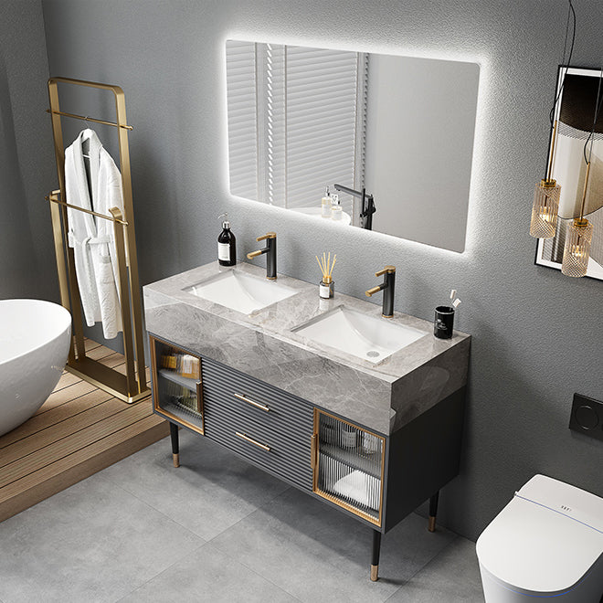 Single Sink Vanity Set Stone Top Mirror Freestanding Drawers Grey Bathroom Vanity Vanity & Faucet & Mirrors Clearhalo 'Bathroom Remodel & Bathroom Fixtures' 'Bathroom Vanities' 'bathroom_vanities' 'Home Improvement' 'home_improvement' 'home_improvement_bathroom_vanities' 6926968