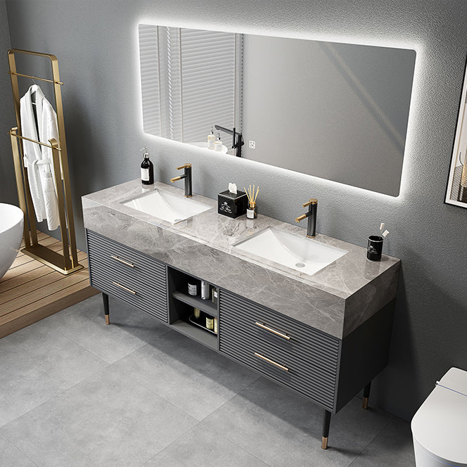 Single Sink Vanity Set Stone Top Mirror Freestanding Drawers Grey Bathroom Vanity Vanity & Faucet & Mirrors Clearhalo 'Bathroom Remodel & Bathroom Fixtures' 'Bathroom Vanities' 'bathroom_vanities' 'Home Improvement' 'home_improvement' 'home_improvement_bathroom_vanities' 6926974