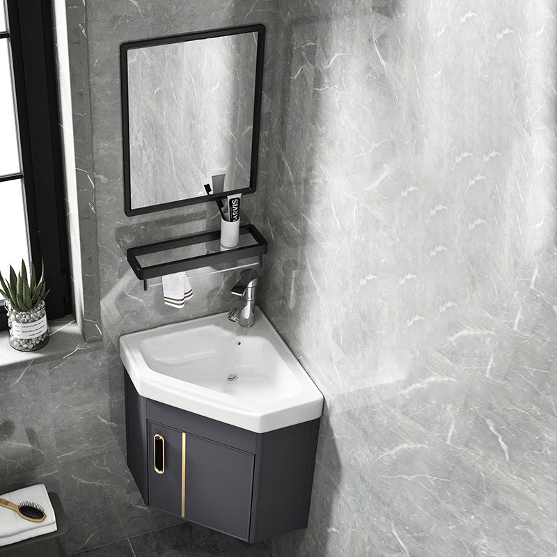 Wall Mounted Corner Vanity Triangular Single Sink Mirror Metal Frame Bath Vanity with Door Vanity & Faucet & Mirrors Gray Clearhalo 'Bathroom Remodel & Bathroom Fixtures' 'Bathroom Vanities' 'bathroom_vanities' 'Home Improvement' 'home_improvement' 'home_improvement_bathroom_vanities' 6927098