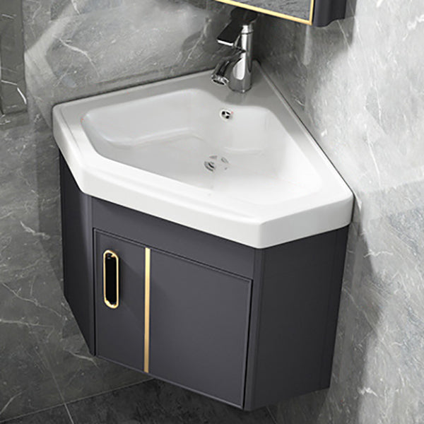 Wall Mounted Corner Vanity Triangular Single Sink Mirror Metal Frame Bath Vanity with Door Vanity & Faucet Gray Clearhalo 'Bathroom Remodel & Bathroom Fixtures' 'Bathroom Vanities' 'bathroom_vanities' 'Home Improvement' 'home_improvement' 'home_improvement_bathroom_vanities' 6927101