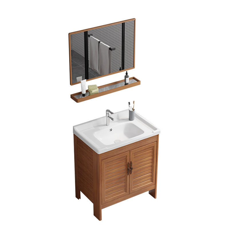 Rectangle Vanity Set Metal Frame Mirror Freestanding 2 Doors Single Sink Bath Vanity Vanity & Faucet & Mirrors 28"L x 19"W x 31"H 2 Clearhalo 'Bathroom Remodel & Bathroom Fixtures' 'Bathroom Vanities' 'bathroom_vanities' 'Home Improvement' 'home_improvement' 'home_improvement_bathroom_vanities' 6927243