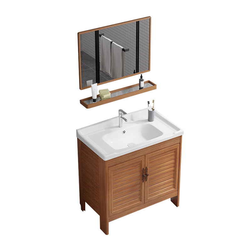 Rectangle Vanity Set Metal Frame Mirror Freestanding 2 Doors Single Sink Bath Vanity Vanity & Faucet & Mirrors 31"L x 19"W x 31"H 2 Clearhalo 'Bathroom Remodel & Bathroom Fixtures' 'Bathroom Vanities' 'bathroom_vanities' 'Home Improvement' 'home_improvement' 'home_improvement_bathroom_vanities' 6927246