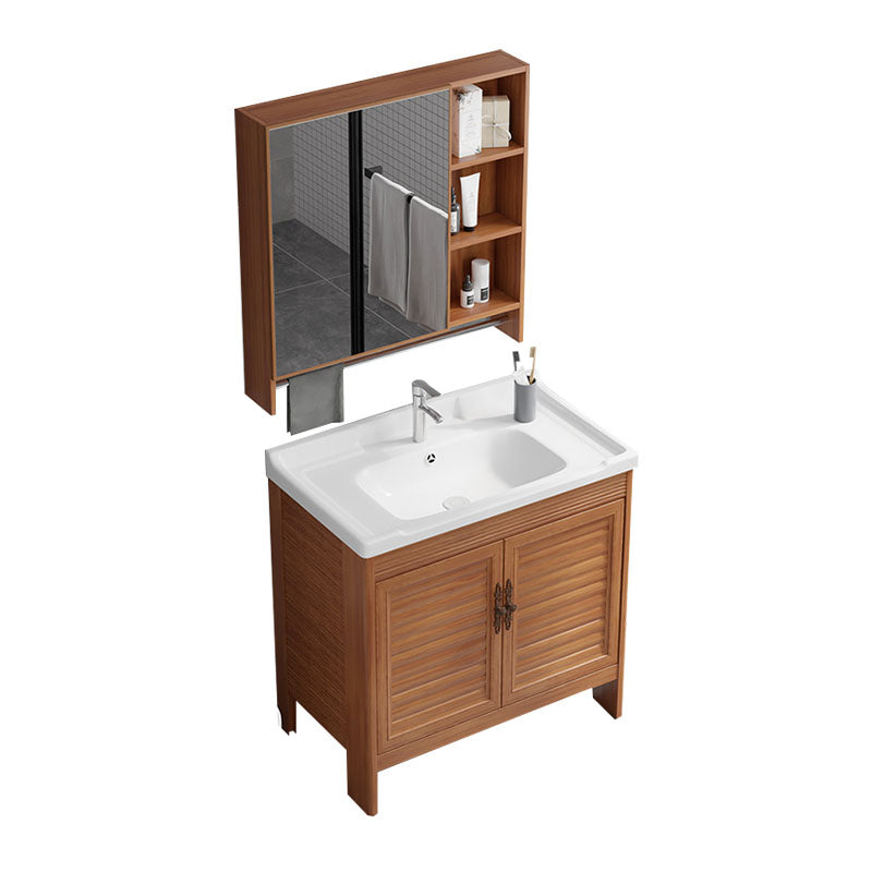 Rectangle Vanity Set Metal Frame Mirror Freestanding 2 Doors Single Sink Bath Vanity Vanity & Faucet & Mirror Cabinet 31"L x 19"W x 31"H 2 Clearhalo 'Bathroom Remodel & Bathroom Fixtures' 'Bathroom Vanities' 'bathroom_vanities' 'Home Improvement' 'home_improvement' 'home_improvement_bathroom_vanities' 6927247