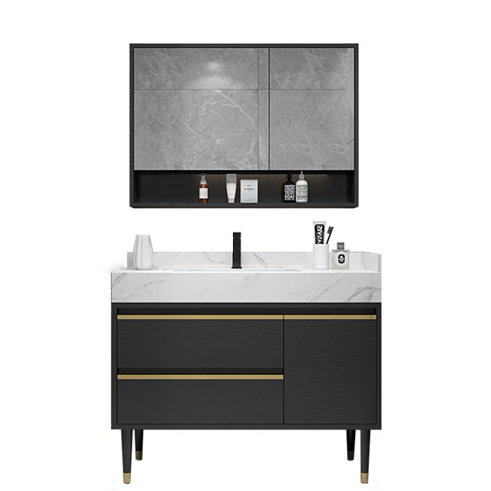 Glam Bath Vanity Wood Frame Freestanding Soft Close Drawers Rectangle Mirror Vanity Vanity & Faucet & Mirror Cabinet Clearhalo 'Bathroom Remodel & Bathroom Fixtures' 'Bathroom Vanities' 'bathroom_vanities' 'Home Improvement' 'home_improvement' 'home_improvement_bathroom_vanities' 6927473