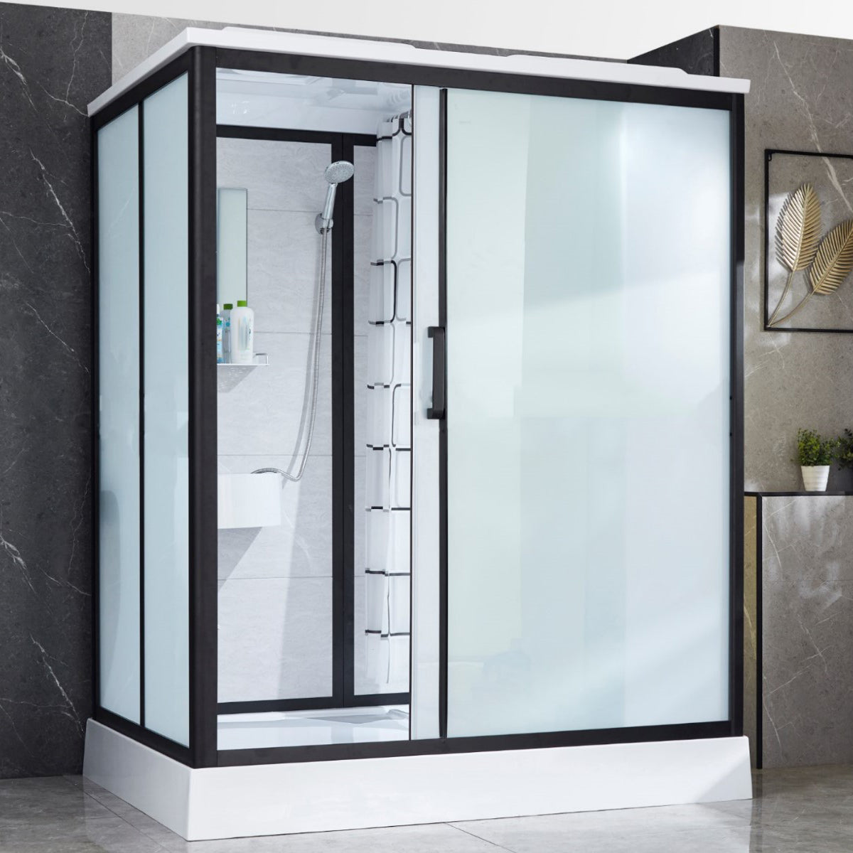 Framed Corner Shower Enclosure Single Sliding Shower Enclosure 67"L x 47"W x 85"H Toilet Not Included Clearhalo 'Bathroom Remodel & Bathroom Fixtures' 'Home Improvement' 'home_improvement' 'home_improvement_shower_stalls_enclosures' 'Shower Stalls & Enclosures' 'shower_stalls_enclosures' 'Showers & Bathtubs' 6941238