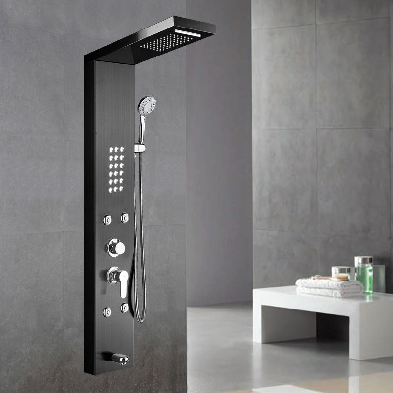 Wall-Mounted Shower Set Square Lever Handle Stainless Steel Shower Set with Handshower Black Without LED Lights Digital Display Not Included Clearhalo 'Bathroom Remodel & Bathroom Fixtures' 'Home Improvement' 'home_improvement' 'home_improvement_shower_faucets' 'Shower Faucets & Systems' 'shower_faucets' 'Showers & Bathtubs Plumbing' 'Showers & Bathtubs' 6941911