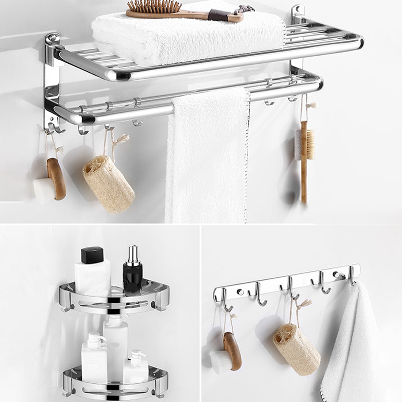 Modern Bathroom Set with Bath Shelf/Towel Bar Polished Chrome Bathroom Accessory Kit Horizontal with Hook 4-Piece Set (Row Hook) Clearhalo 'Bathroom Hardware Sets' 'Bathroom Hardware' 'Bathroom Remodel & Bathroom Fixtures' 'bathroom_hardware_sets' 'Home Improvement' 'home_improvement' 'home_improvement_bathroom_hardware_sets' 6945540