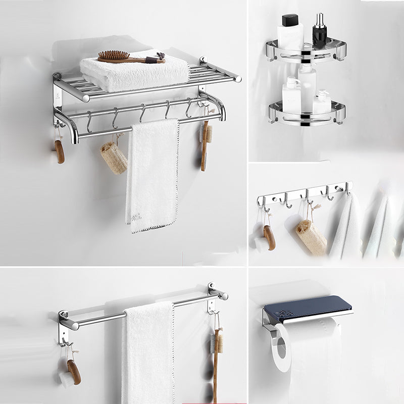 Modern Bathroom Set with Bath Shelf/Towel Bar Polished Chrome Bathroom Accessory Kit Curved Bar 6-Piece Set (Row Hook) Clearhalo 'Bathroom Hardware Sets' 'Bathroom Hardware' 'Bathroom Remodel & Bathroom Fixtures' 'bathroom_hardware_sets' 'Home Improvement' 'home_improvement' 'home_improvement_bathroom_hardware_sets' 6945541