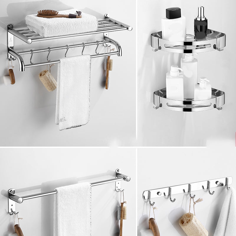 Modern Bathroom Set with Bath Shelf/Towel Bar Polished Chrome Bathroom Accessory Kit Curved Bar 5-Piece Set (Row Hook) Clearhalo 'Bathroom Hardware Sets' 'Bathroom Hardware' 'Bathroom Remodel & Bathroom Fixtures' 'bathroom_hardware_sets' 'Home Improvement' 'home_improvement' 'home_improvement_bathroom_hardware_sets' 6945542