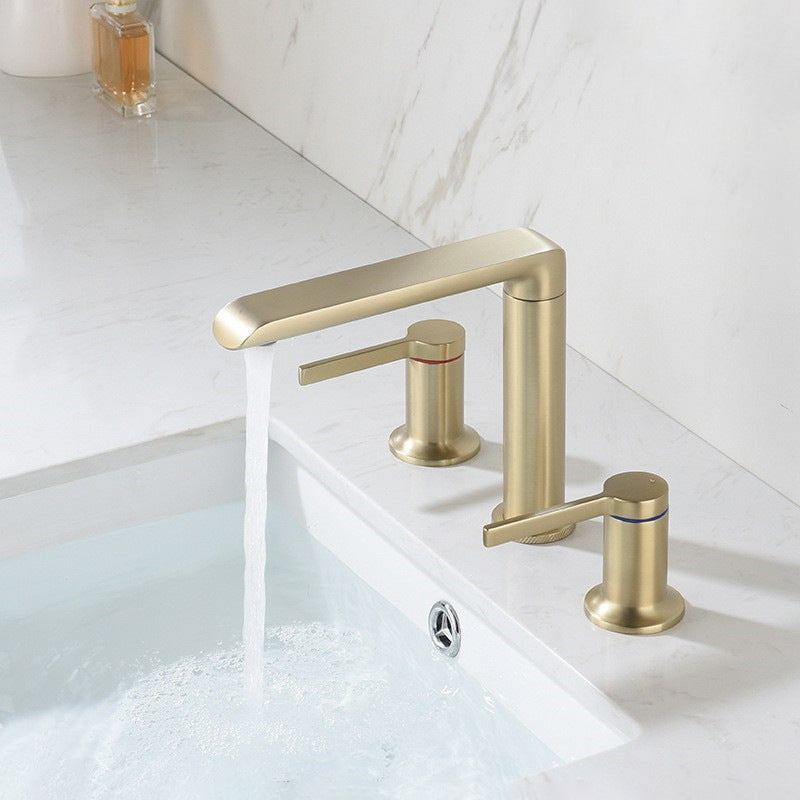 7.28" H Luxury Vanity Sink Faucet 3-hole Circular Bathroom Faucet Gold Clearhalo 'Bathroom Remodel & Bathroom Fixtures' 'Bathroom Sink Faucets' 'Bathroom Sinks & Faucet Components' 'bathroom_sink_faucets' 'Home Improvement' 'home_improvement' 'home_improvement_bathroom_sink_faucets' 6951790