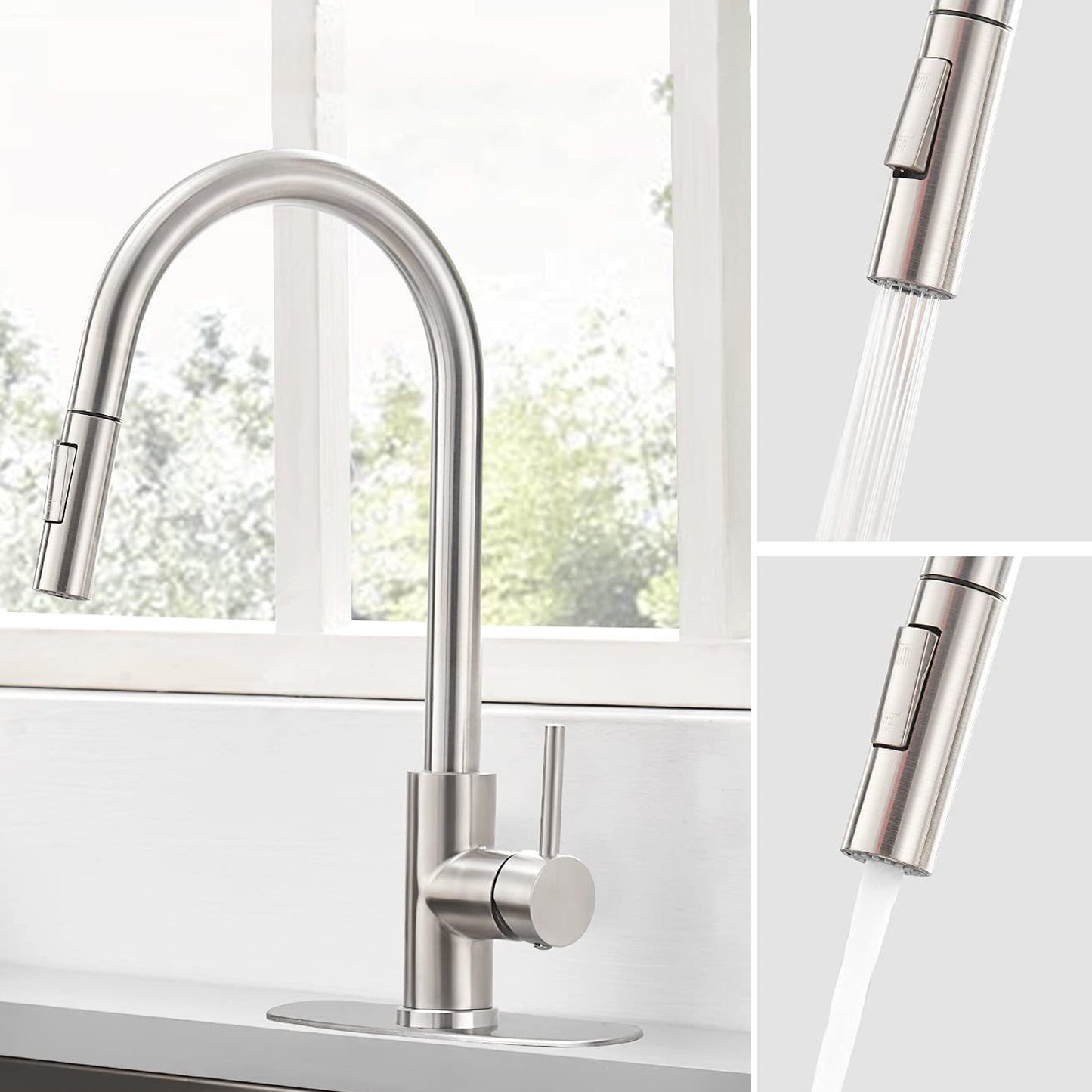 304 Stainless Steel Kitchen Faucet 3-Function Spray High Arc with Pull down Sprayer Clearhalo 'Home Improvement' 'home_improvement' 'home_improvement_kitchen_faucets' 'Kitchen Faucets' 'Kitchen Remodel & Kitchen Fixtures' 'Kitchen Sinks & Faucet Components' 'kitchen_faucets' 6952026