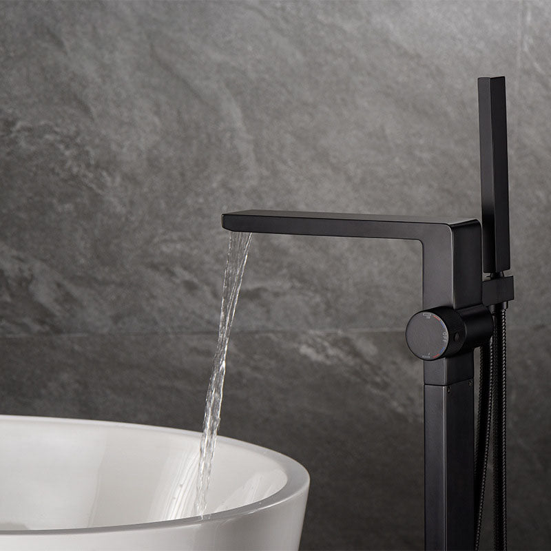 Freestanding Tub Filler Black Brass Single Knob Handle Fixed Tub Filler with Handshower Clearhalo 'Bathroom Remodel & Bathroom Fixtures' 'Bathtub Faucets' 'bathtub_faucets' 'Home Improvement' 'home_improvement' 'home_improvement_bathtub_faucets' 6952742