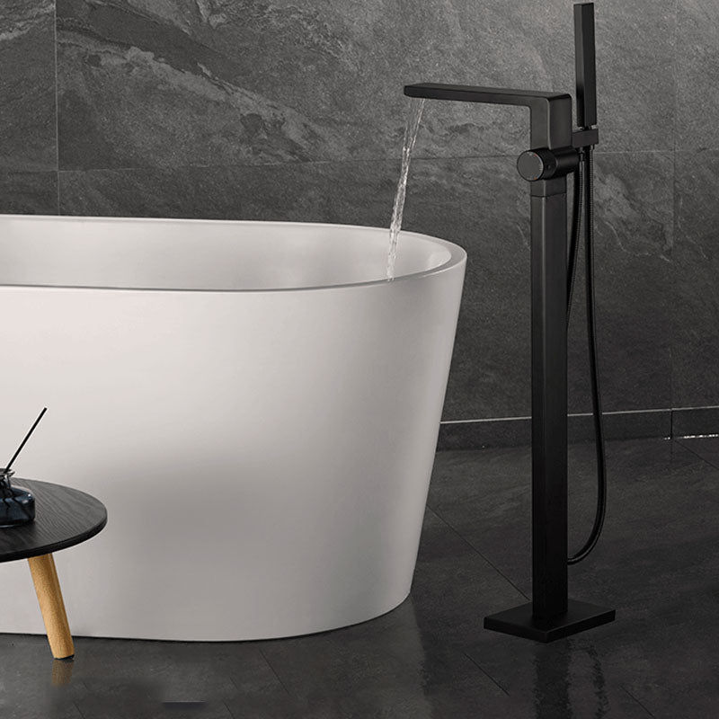 Freestanding Tub Filler Black Brass Single Knob Handle Fixed Tub Filler with Handshower Clearhalo 'Bathroom Remodel & Bathroom Fixtures' 'Bathtub Faucets' 'bathtub_faucets' 'Home Improvement' 'home_improvement' 'home_improvement_bathtub_faucets' 6952749