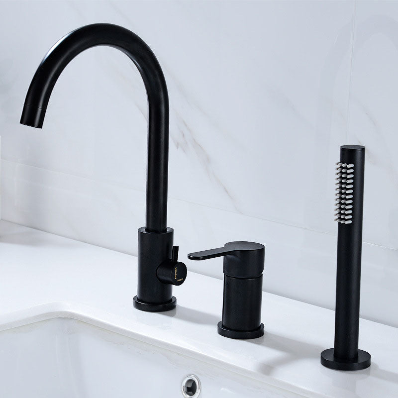 Industrial Roman Tub Faucet Trim High Arc Deck Mount Copper Bathtub Faucet Black 3 Hole Faucets Hand Shower Included Clearhalo 'Bathroom Remodel & Bathroom Fixtures' 'Bathtub Faucets' 'bathtub_faucets' 'Home Improvement' 'home_improvement' 'home_improvement_bathtub_faucets' 6952880